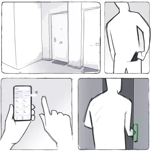 Ilustración de una persona abriendo la puerta de su vivienda con su teléfono móvil