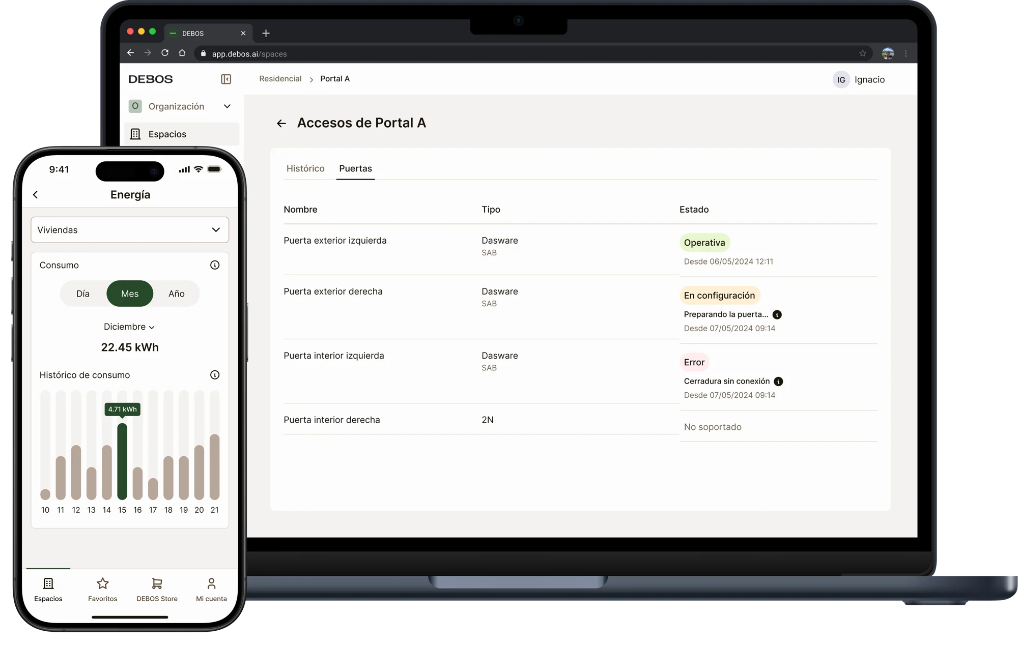 Web Manager y app de Debos: accesos y consumo de energía del edificio